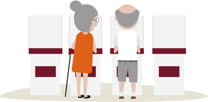 Cartoon image of an elderly couple at voting screens