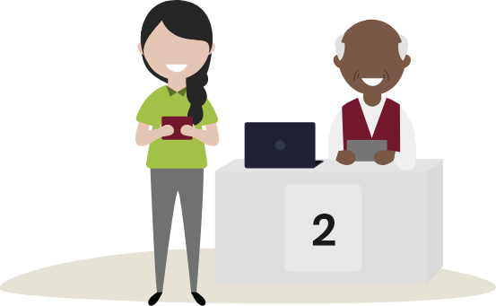 A cartoon image of an elector standing in front of an issuing table with a voter information card