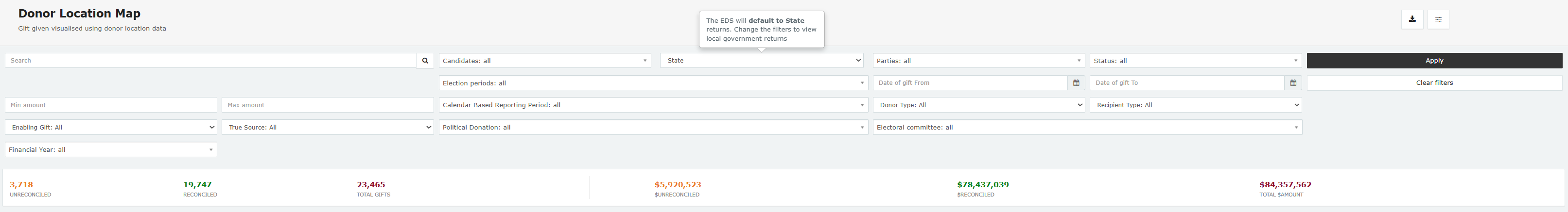 Electronic Disclosure System - Donor location map Screenshot of donor location map on Electronic Disclosure System (EDS)