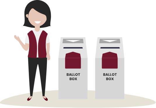 A cartoon image of a ballot box guard standing next to a pair of ballot boxes